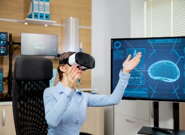 Clinical neurology worker explores virtual reality in the lab. Neuroscience and clinical study